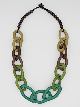 A necklace with a lightweight wooden chain link design features an impeccable combination of green and taupe hues.