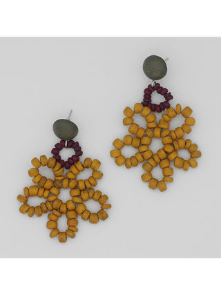 Earrings in wine and mustard colored loops of beads.