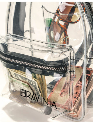 Close-up of a clear backpack with the Ravinia name and logo in its lower portion, and money, sunglasses, lip balm and a cassette tape visible inside.