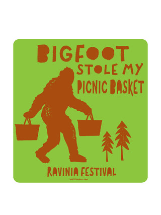 A green and orange sticker with the shadow of Bigfoot holding two picnic baskets and the words "Bigfoot stole my picnic basket" and "Ravinia Festival".