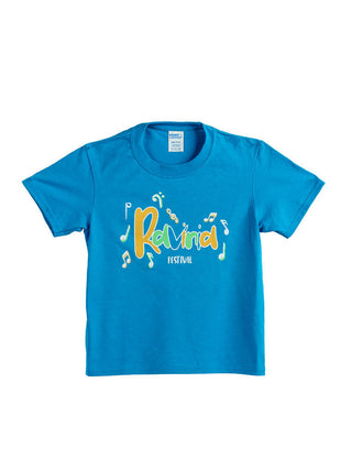 An electric blue youth t-shirt with "Ravinia Festival" in orange, green, and blue bubble letters and musical symbols around it.