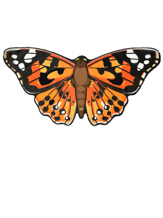 A large, polyester painted lady butterfly with orange and black wings and a brown body.