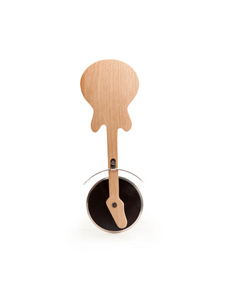 A wooden pizza cutter shaped like an electric guitar, with a thumb guard and a metal round blade.