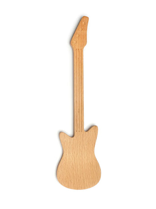 A wooden spatula in the shape of a guitar.