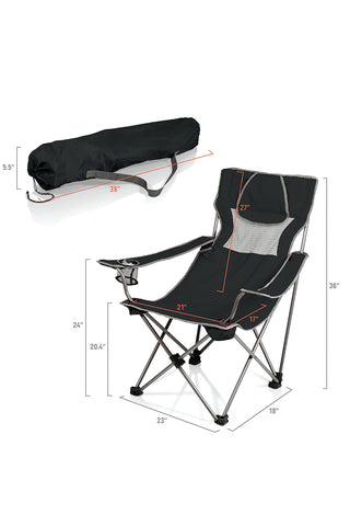 Navy fabric and steel frame camping chair and its carrying bag, both with measurements.