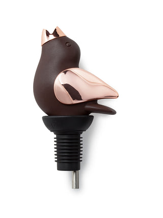 A brown and copper bird with a wine topper attached to its lower end.