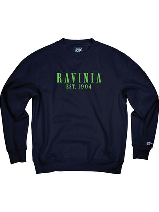 A navy blue crewneck sweatshirt with the words "RAVINIA EST. 1904" in green on the front