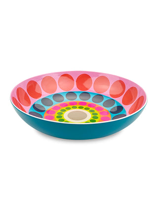 A side view of the serving bowl, with a blue outside.