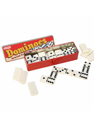 A box of double-six dominoes, open, with dominoes surrounding it.