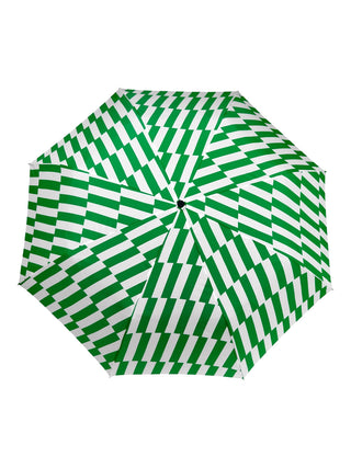 Overhead view of an open green and white striped umbrella.