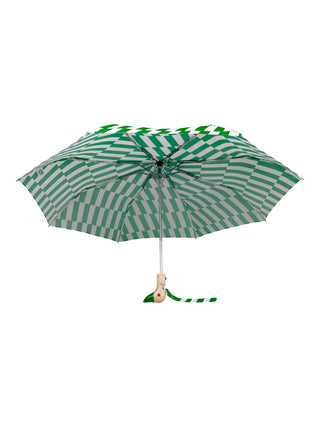 Underside view of a green and white striped umbrella, with the wooden handle being a duck's head with a green beak.