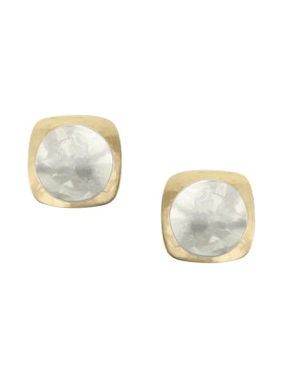 Brass rounded square layered earrings with a dished silver-toned disc. 