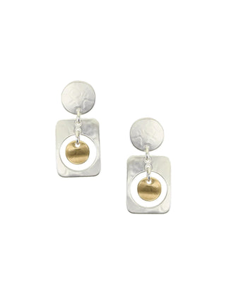 Earrings with a silver-toned disc linked with a cutout rounded rectangle with a brass disc hanging in the center.