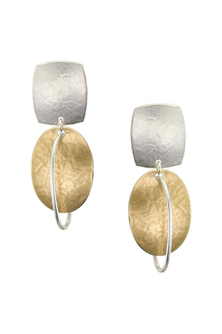 Two toned earrings with silver squares on top and brass ovals on the bottom.