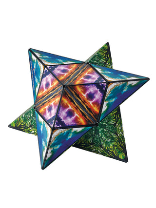 Two connected star-like shapes that feature orange, blue and tree leaves and branches.