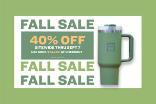 A green water bottle with the Ravinia logo with the words "Fall Sale: 40% off sitewide thru Sept 7. Use code 'Fall25' at checkout. Some exclusions apply" on a green background.