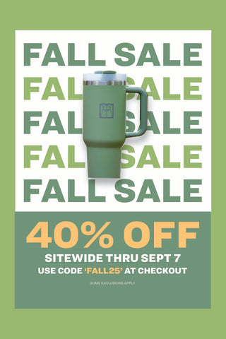 A green water bottle with the Ravinia logo with the words "Fall Sale: 40% off sitewide thru Sept 7. Use code 'Fall25' at checkout. Some exclusions apply" on a green background.