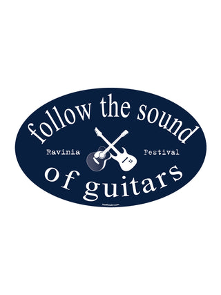 A navy oval sticker with the text "follow the sound of guitars" surrounding two guitars in the center.