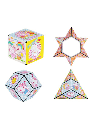 Four of the many shapes that the Garden Club Hello Kitty Shashibo can make, showing the different patterns on its sides.