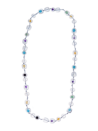 A necklace with silver-toned geo shapes filled with different colored beads.