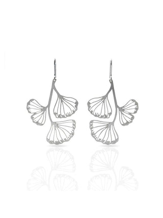 A pair of silver dangle earrings in the shape of ginkgo leaves.