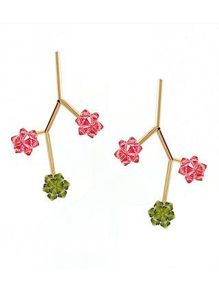 Earrings with gold-plated brass stems and each with two fuchsia and one one green crystals.