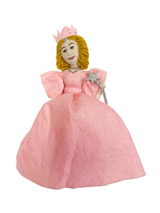 A felt ornament of Glinda the Good Witch in a pink gown with a sparkly wand.