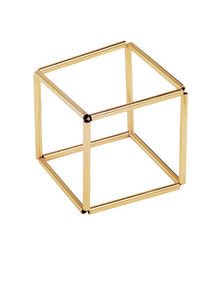 A gold geometic bracelet in the form of a cube.