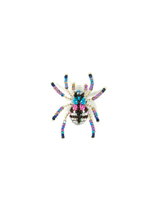 An embroidered brooch of a jewel tarantula.