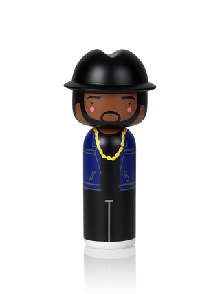 Jam Master Jay of RUN DMC as a wooden doll, with a black hat, blue jacket and gold chain.