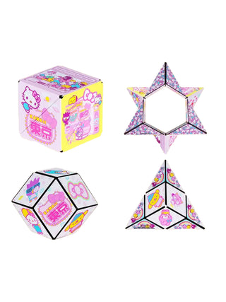 Four of the many shapes that the Kawaii Hello Kitty Shashibo can make, showing the different patterns on its sides.