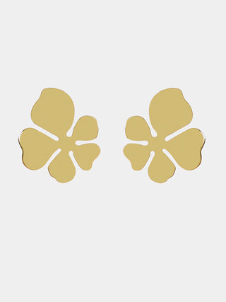 A pair of gold earrings with floral shapes.