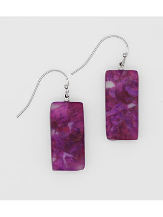 Earrings made of rectangular purple resin bead dangle from a two inch French wire.