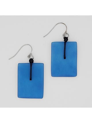 A pair of translucent blue, rectangular earrings with silver-toned hooks.