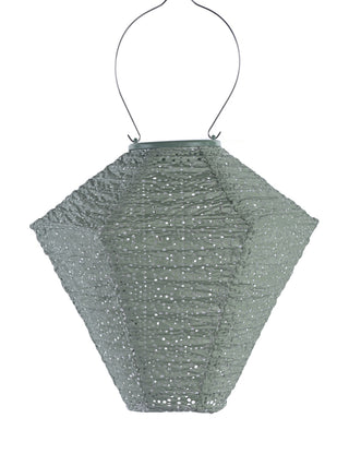 A light green, diamond shaped lantern made of Tyvek, with a handle at the top for hanging.