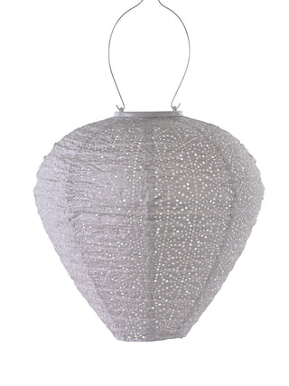 A light taupe Tyvek lantern with a balloon shape, and a handle for hanging at the top.