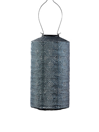 A cylindrical hanging outdoor lantern in slate blue.