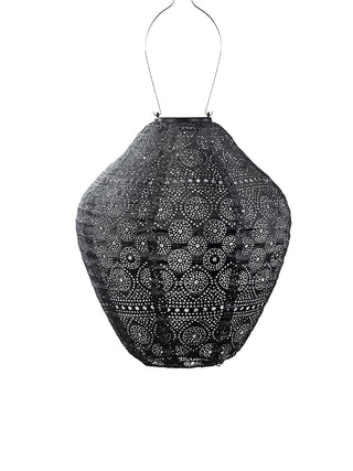 A dark grey hanging outdoor lantern in the shape of a balloon with a circular pattern.