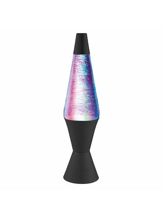 A battery-powered lava lamp with glitter swirling and red and blue lights.