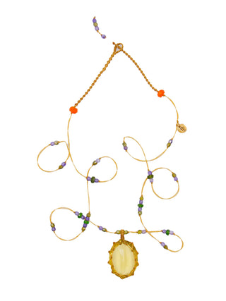 A micro-macrame necklace with a lemon topaz pendant and pink tourmaline and zirconium beads on a beige-colored thread.