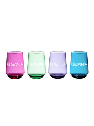 Four stemless glasses with the Ravinia logo in (left to right) pink, green, purple, and blue.