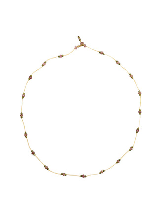 A short micro-macrame necklace with a beige-colored thread and pink tourmaline beads.