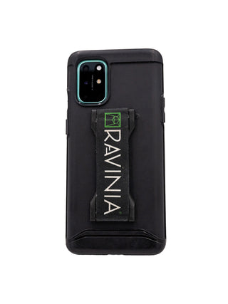 A black phone case with a black LoveHandle phone grip on the back with Ravinia in white lettering.