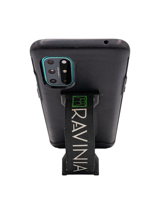 A black phone case with a black LoveHandle phone grip on the back, propped open as a phone stand.