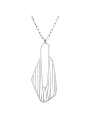 A silver pendant inspired by a flower hanging on a silver chain.
