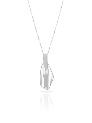 A silver chain with a silver pendant in the shape of a leaf.