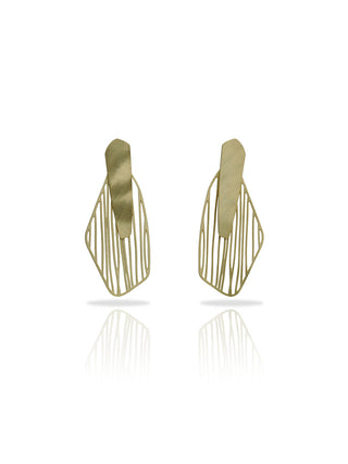 A pair of gold stud earrings in the shape of flower petals.