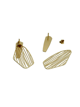 A pair of gold stud earrings shown as three separate pieces.