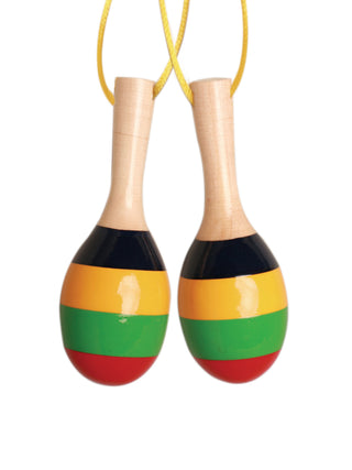 Two striped wooden maracas ornaments on a white background.