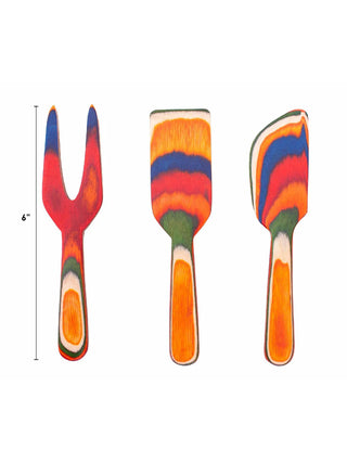 3 wooden cheese tools in vibrant colors, all 6" long.